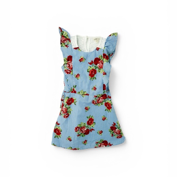 Monteau Girl Blue Stripe Floral Casual Dress Size 6 Ruffle Sleeve Lace Decor - Picture 2 of 11